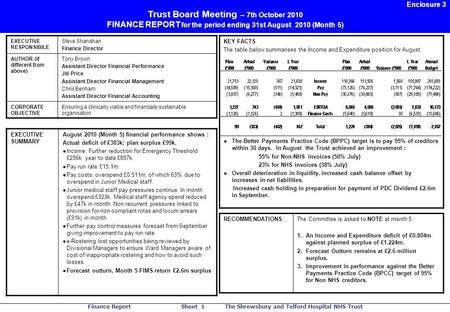 Finance Report Sheet 1 The Shrewsbury and Telford Hospital NHS Trust EXECUTIVE RESPONSIBILE Steve Shanahan Finance Director AUTHOR (if different from above)