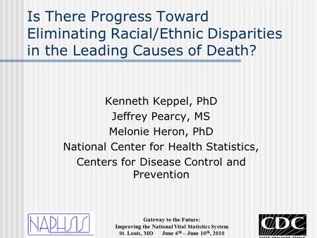 Gateway to the Future: Improving the National Vital Statistics System St. Louis, MO June 6 th – June 10 th, 2010 Is There Progress Toward Eliminating Racial/Ethnic.