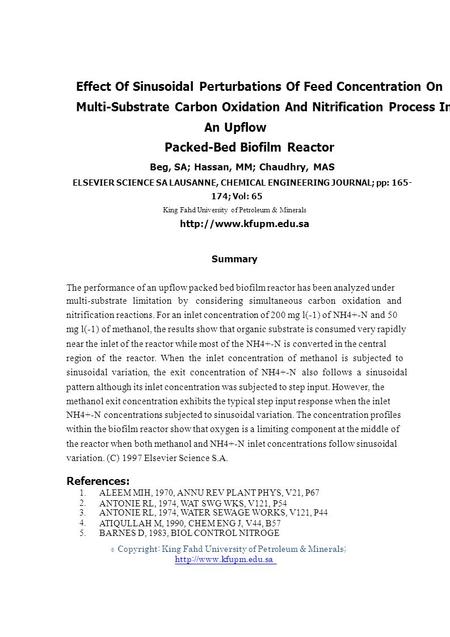 1. 2. 3. 4. 5. © Effect Of Sinusoidal Perturbations Of Feed Concentration On Multi-Substrate Carbon Oxidation And Nitrification Process In An Upflow Packed-Bed.