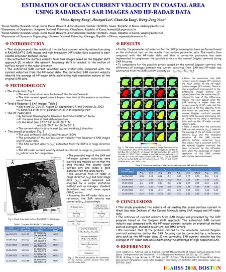 ESTIMATION OF OCEAN CURRENT VELOCITY IN COASTAL AREA USING RADARSAT-1 SAR IMAGES AND HF-RADAR DATA Moon-Kyung Kang 1, Hoonyol Lee 2, Chan-Su Yang 3, Wang-Jung.