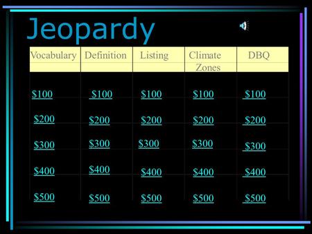 Jeopardy VocabularyDefinitionListingClimate Zones DBQ $100 $200 $300 $400 $500 $100 $200 $300 $400 $500.