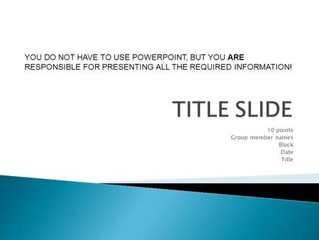 10 points Group member names Block Date Title YOU DO NOT HAVE TO USE POWERPOINT, BUT YOU ARE RESPONSIBLE FOR PRESENTING ALL THE REQUIRED INFORMATION!