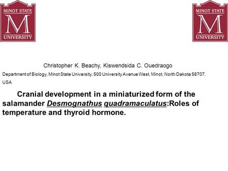 Christopher K. Beachy, Kiswendsida C. Ouedraogo Department of Biology, Minot State University, 500 University Avenue West, Minot, North Dakota 58707, USA.