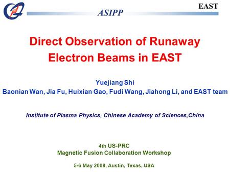 Direct Observation of Runaway Electron Beams in EAST Yuejiang Shi Baonian Wan, Jia Fu, Huixian Gao, Fudi Wang, Jiahong Li, and EAST team Institute of Plasma.