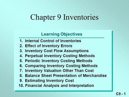 C9 - 1 Learning Objectives 1.Internal Control of Inventories 2.Effect of Inventory Errors 3.Inventory Cost Flow Assumptions 4.Perpetual Inventory Costing.