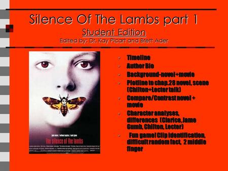 Silence Of The Lambs part 1 Student Edition Edited by: Dr. Kay Picart and Brett Ader Timeline Timeline Author Bio Author Bio Background-novel+movie Background-novel+movie.