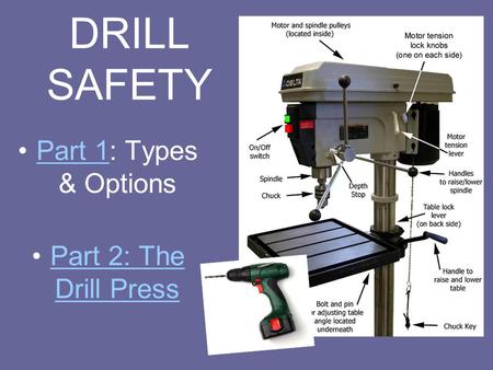 Part 1: Types & OptionsPart 1 Part 2: The Drill PressPart 2: The Drill Press DRILL SAFETY.