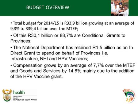 Total budget for 2014/15 is R33,9 billion growing at an average of 9,3% to R39,4 billion over the MTEF; Of this R30,1 billion or 88,7% are Conditional.