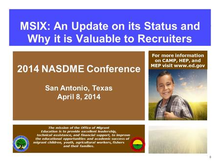 0 [Presenter Name(s)] [Presentation Date] MEP Annual Director’s Meeting 2014 For more information on CAMP, HEP, and MEP visit www.ed.gov The mission of.