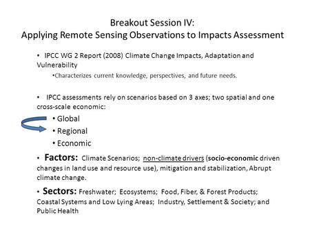 Breakout Session IV: Applying Remote Sensing Observations to Impacts Assessment IPCC WG 2 Report (2008) Climate Change Impacts, Adaptation and Vulnerability.