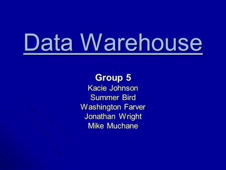 Data Warehouse. Group 5 Kacie Johnson Summer Bird Washington Farver Jonathan Wright Mike Muchane.