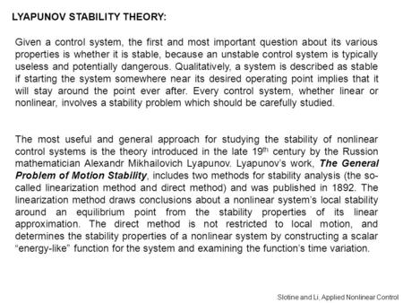 LYAPUNOV STABILITY THEORY: