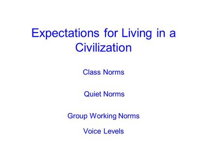 Expectations for Living in a Civilization Class Norms Quiet Norms Group Working Norms Voice Levels.