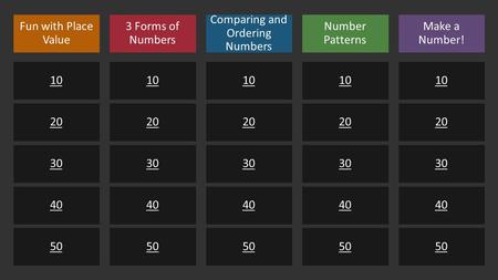 Fun with Place Value 10 20 30 40 50 3 Forms of Numbers 10 20 30 40 50 Comparing and Ordering Numbers 10 20 30 40 50 Number Patterns 10 20 30 40 50 Make.