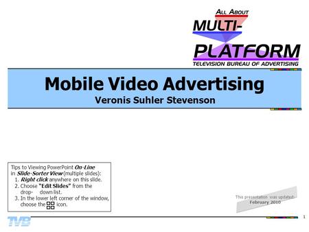 1 Mobile Video Advertising Veronis Suhler Stevenson Tips to Viewing PowerPoint On-Line in Slide-Sorter View (multiple slides): 1.Right click anywhere on.