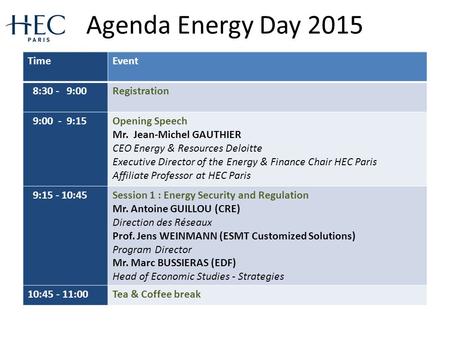 Agenda Energy Day 2015 TimeEvent 8:30 - 9:00Registration 9:00 - 9:15Opening Speech Mr. Jean-Michel GAUTHIER CEO Energy & Resources Deloitte Executive Director.