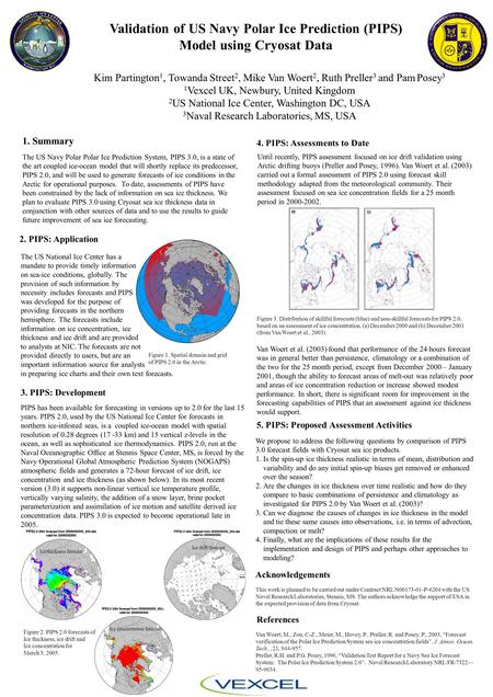 Validation of US Navy Polar Ice Prediction (PIPS) Model using Cryosat Data Kim Partington 1, Towanda Street 2, Mike Van Woert 2, Ruth Preller 3 and Pam.