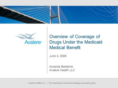 Avalere Health LLC | The intersection of business strategy and public policy Overview of Coverage of Drugs Under the Medicaid Medical Benefit June 4, 2008.