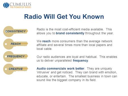 Radio Will Get You Known Radio is the most cost-efficient media available. This allows you to brand consistently throughout the year. We reach more consumers.