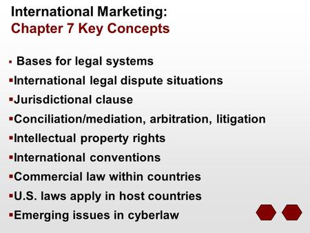 International Marketing: Chapter 7 Key Concepts  Bases for legal systems  International legal dispute situations  Jurisdictional clause  Conciliation/mediation,