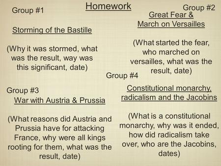 Homework Group #2 Group #1 Great Fear & March on Versailles