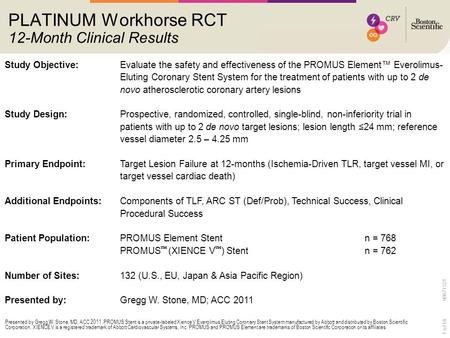 1 of 18 90671521 Presented by Gregg W. Stone, MD, ACC 2011. PROMUS Stent is a private-labeled Xience V Everolimus Eluting Coronary Stent System manufactured.