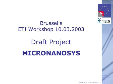 © Euresearch, 10.03.03, Brussels 1 Euresearch Swiss Information Network for EU Research Programmes Brussells ETI Workshop 10.03.2003 Draft Project MICRONANOSYS.