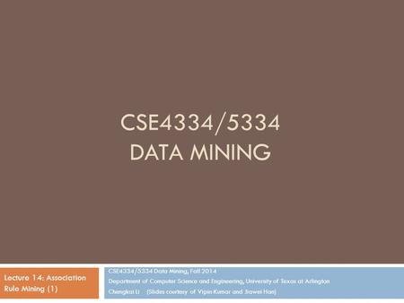 CSE4334/5334 DATA MINING CSE4334/5334 Data Mining, Fall 2014 Department of Computer Science and Engineering, University of Texas at Arlington Chengkai.