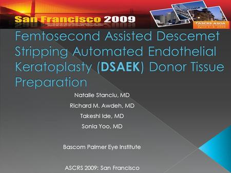 Natalie Stanciu, MD Richard M. Awdeh, MD Takeshi Ide, MD Sonia Yoo, MD Bascom Palmer Eye Institute ASCRS 2009: San Francisco.