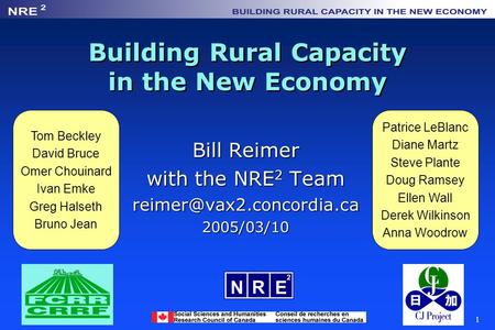 1 Building Rural Capacity in the New Economy Bill Reimer with the NRE 2 Team Tom Beckley David Bruce Omer Chouinard.