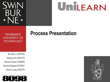 Process Presentation Kin Wan Li, 6499392 Ashley Zoch, 9263136 Mevesh Gopee, 6496954 Damian Ridgwell, 5416531 Edwin Lusala, 6542174.