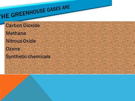 Carbon Dioxide Methane Nitrous Oxide Ozone Synthetic chemicals.