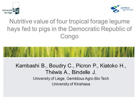 Nutritive value of four tropical forage legume hays fed to pigs in the Democratic Republic of Congo Kambashi B., Boudry C., Picron P., Kiatoko H., Théwis.