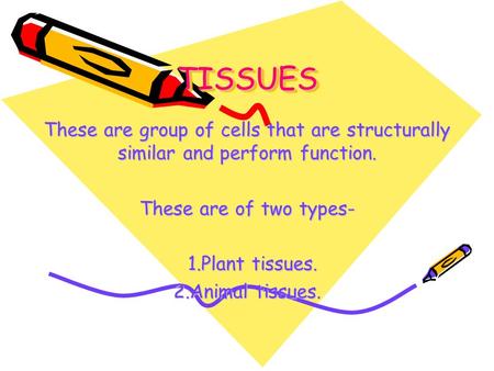 TISSUESTISSUES These are group of cells that are structurally similar and perform function. These are of two types- 1.Plant tissues. 2.Animal tissues.