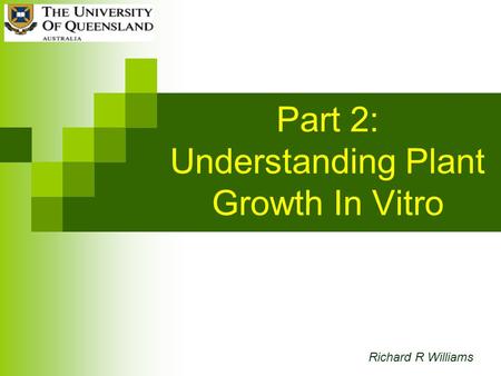 Part 2: Understanding Plant Growth In Vitro Richard R Williams.