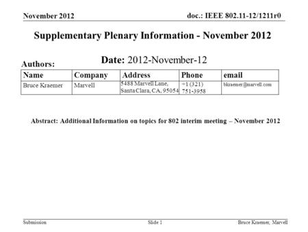 Doc.: IEEE 802.11-12/1211r0 SubmissionBruce Kraemer, MarvellSlide 1 +1 (321) 751-3958 5488 Marvell Lane, Santa Clara, CA, 95054 Name Company Address Phone.