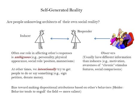 Bias toward making dispositional attributions based on other’s behaviors (Heider: Behavior tends to engulf the field --- more salient) Self-Generated Reality.