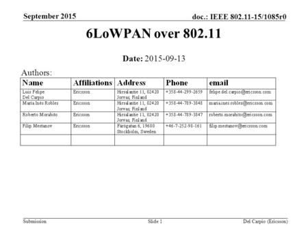 Submission doc.: IEEE 802.11-15/1085r0 September 2015 Del Carpio (Ericsson)Slide 1 6LoWPAN over 802.11 Date: 2015-09-13 Authors: