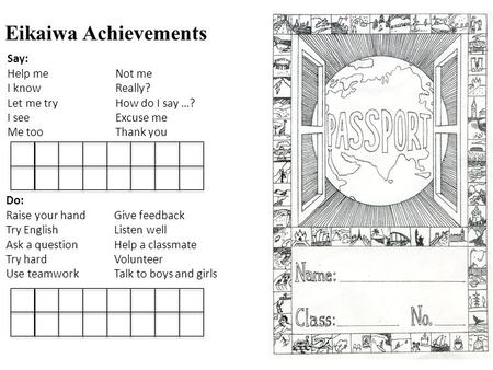 Eikaiwa Achievements Say: Help me I know Let me try I see Me too Not me Really? How do I say …? Excuse me Thank you Do: Raise your hand Try English Ask.