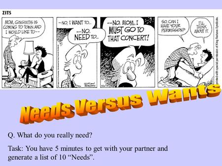 Q. What do you really need? Task: You have 5 minutes to get with your partner and generate a list of 10 “Needs”.