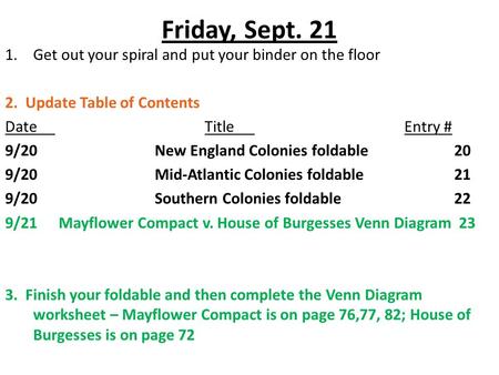 Friday, Sept. 21 1.Get out your spiral and put your binder on the floor 2. Update Table of Contents DateTitleEntry # 9/20New England Colonies foldable20.