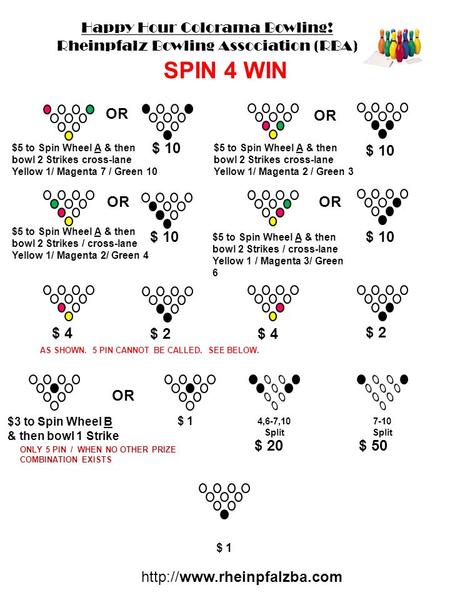 $5 to Spin Wheel A & then bowl 2 Strikes cross-lane Yellow 1/ Magenta 7 / Green 10 Happy Hour Colorama Bowling! Rheinpfalz Bowling Association (RBA) SPIN.