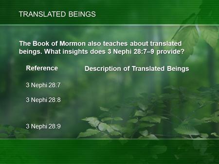 TRANSLATED BEINGS Reference 3 Nephi 28:7 3 Nephi 28:8 3 Nephi 28:9 Description of Translated Beings The Book of Mormon also teaches about translated beings.