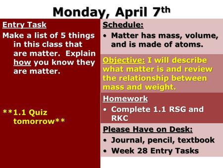 Monday, April 7 th Entry Task Make a list of 5 things in this class that are matter. Explain how you know they are matter. **1.1 Quiz tomorrow** Schedule: