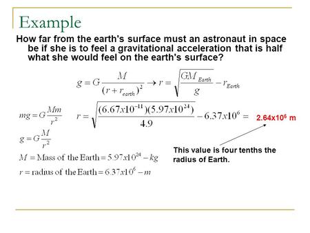 Example How far from the earth's surface must an astronaut in space be if she is to feel a gravitational acceleration that is half what she would feel.