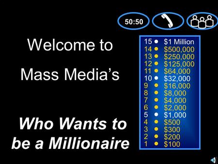 15 14 13 12 11 10 9 8 7 6 5 4 3 2 1 $1 Million $500,000 $250,000 $125,000 $64,000 $32,000 $16,000 $8,000 $4,000 $2,000 $1,000 $500 $300 $200 $100 Welcome.