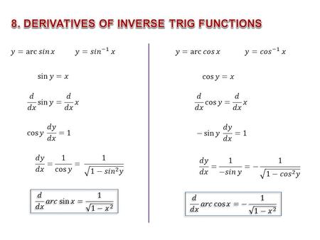 To get derivatives of inverse trigonometric functions we were able to use implicit differentiation. Sometimes it is not possible/plausible to explicitly.