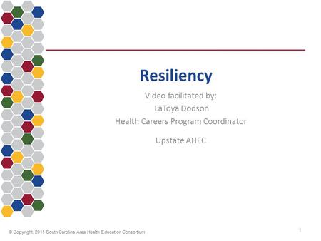 © Copyright, 2011 South Carolina Area Health Education Consortium Resiliency Video facilitated by: LaToya Dodson Health Careers Program Coordinator Upstate.