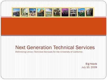 Big Heads July 10, 2009 Next Generation Technical Services Rethinking Library Technical Services for the University of California.