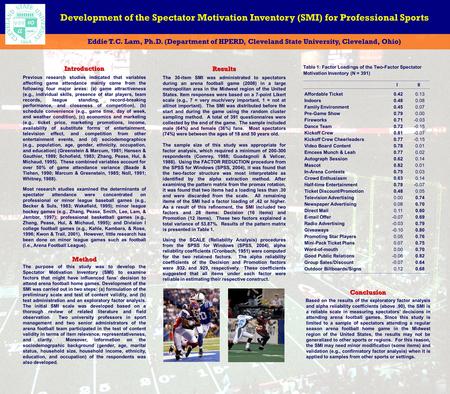 Development of the Spectator Motivation Inventory (SMI) for Professional Sports Eddie T.C. Lam, Ph.D. (Department of HPERD, Cleveland State University,